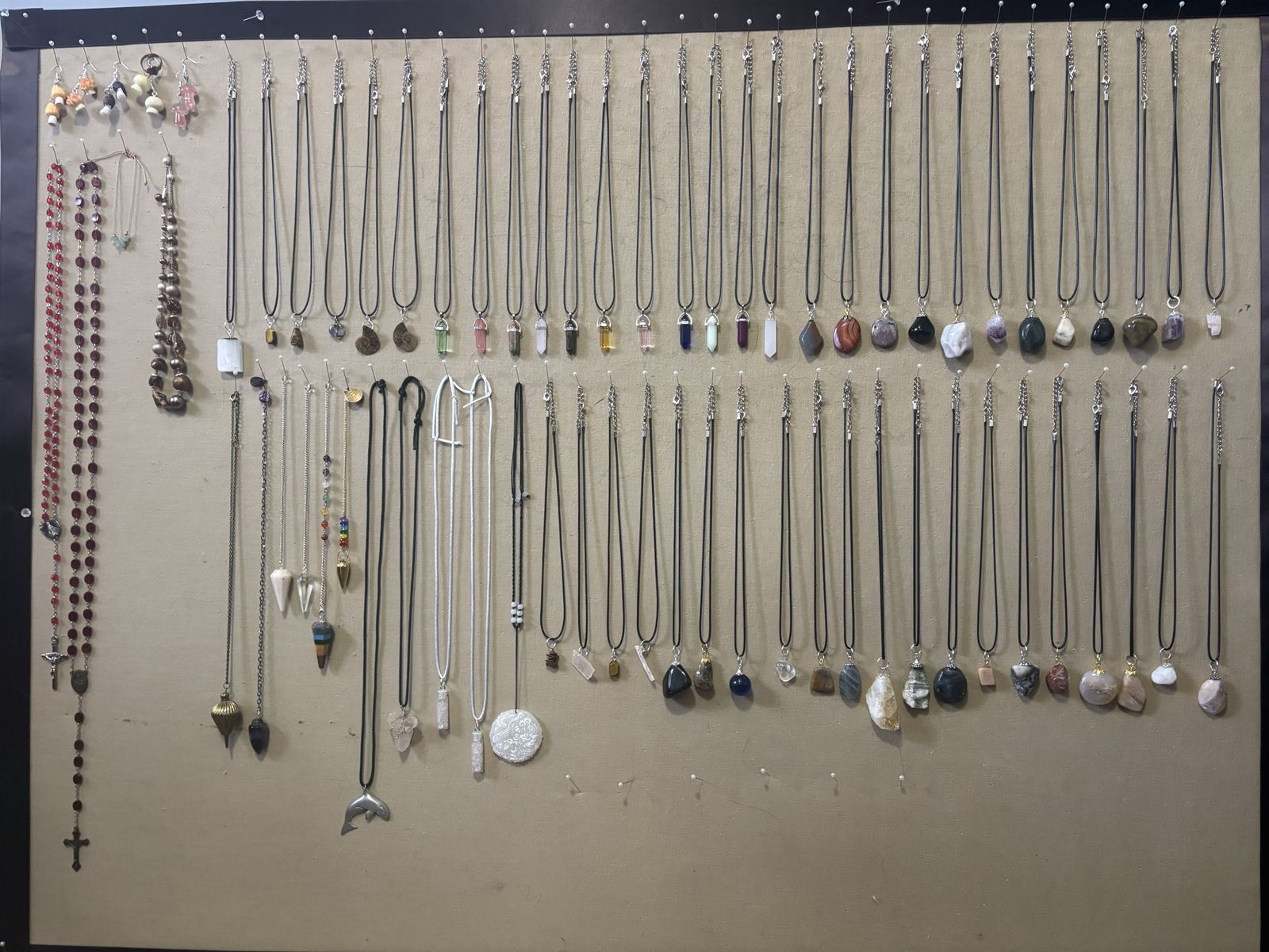Crystal necklaces earrings and pendulums