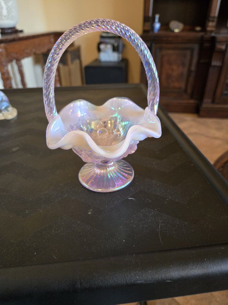 Vintage Fenton Pink Opalescent Glass Basket - Iridescent Ruffled Edge with Twisted Handle