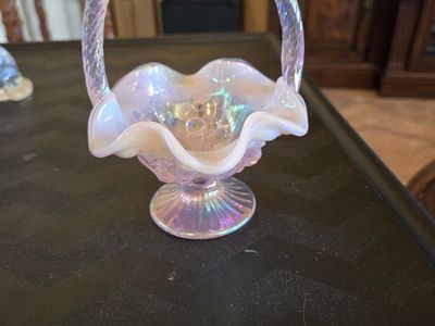 Vintage Fenton Pink Opalescent Glass Basket - Iridescent Ruffled Edge with Twisted Handle