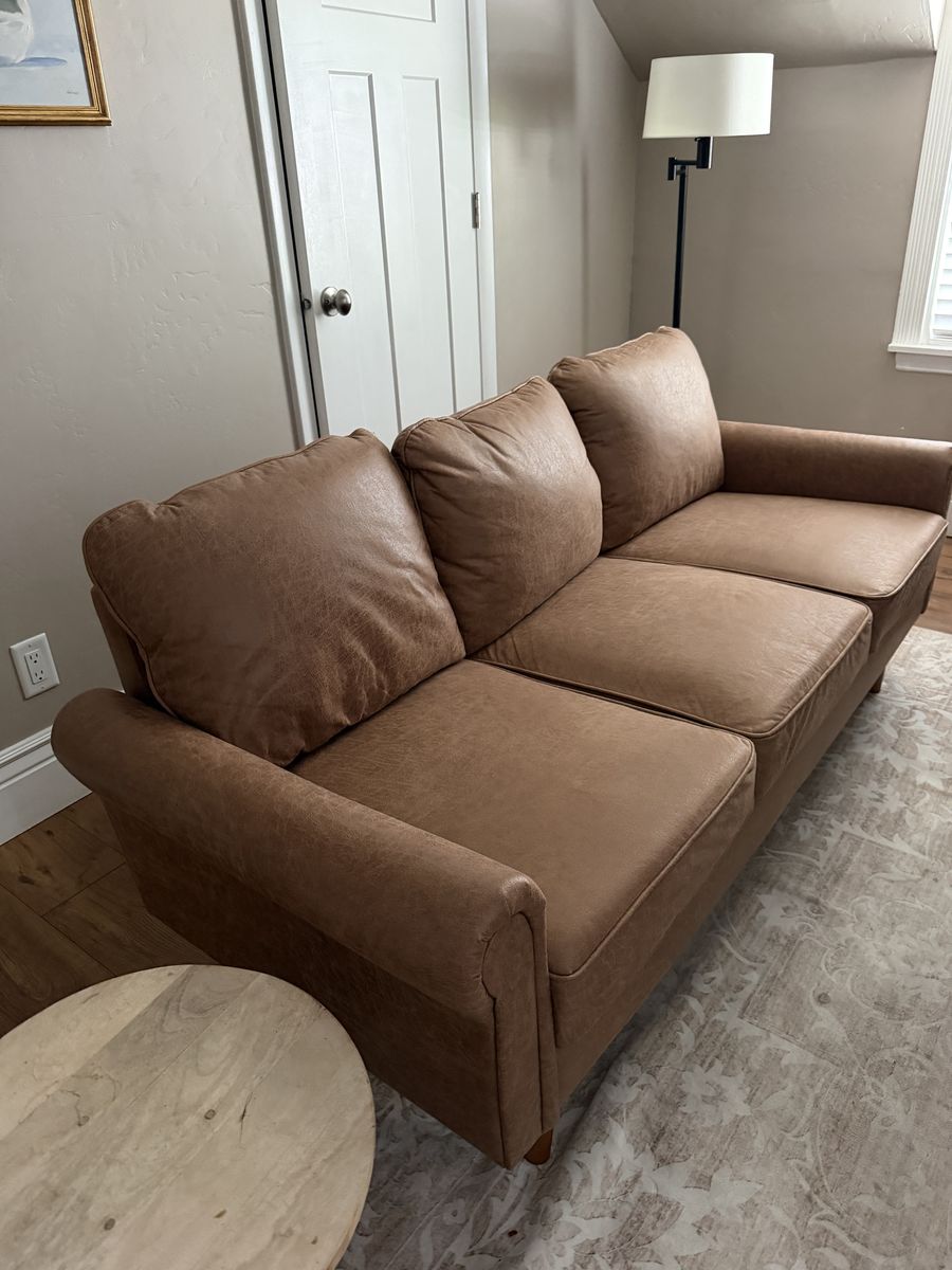 Mid-Century Modern Brown Faux Leather Sofa