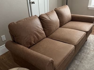 Mid-Century Modern Brown Faux Leather Sofa