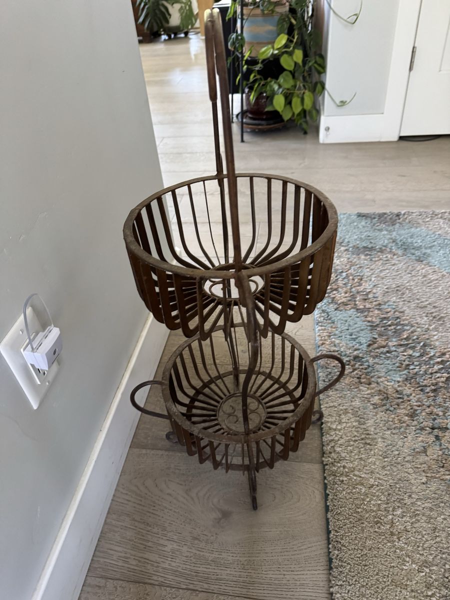 Vintage Rustic Two-Tiered Wrought Iron Basket Stand - Farmhouse Decor Organizer