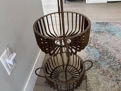 Vintage Rustic Two-Tiered Wrought Iron Basket Stand - Farmhouse Decor Organizer
