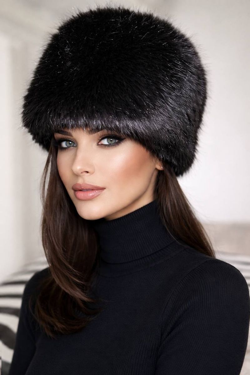Women's Black Real Fur Russian Cossack Winter Hat with Storage Bag - Size Medium