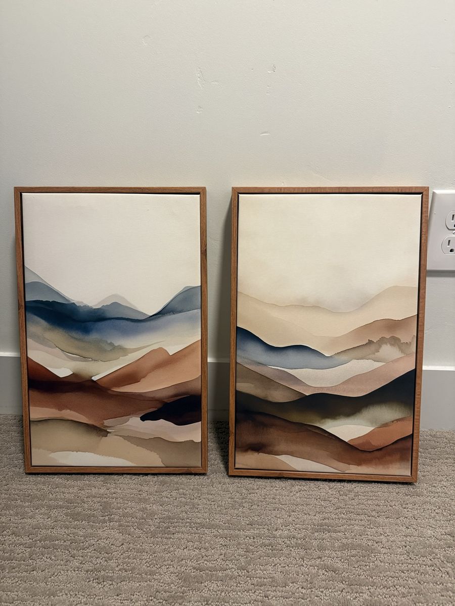 Abstract Mountain Watercolor Print Wall Art Set (2) - Brown & Blue Earth Tones, Wooden Frames