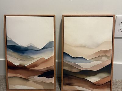 Abstract Mountain Watercolor Print Wall Art Set (2) - Brown & Blue Earth Tones, Wooden Frames