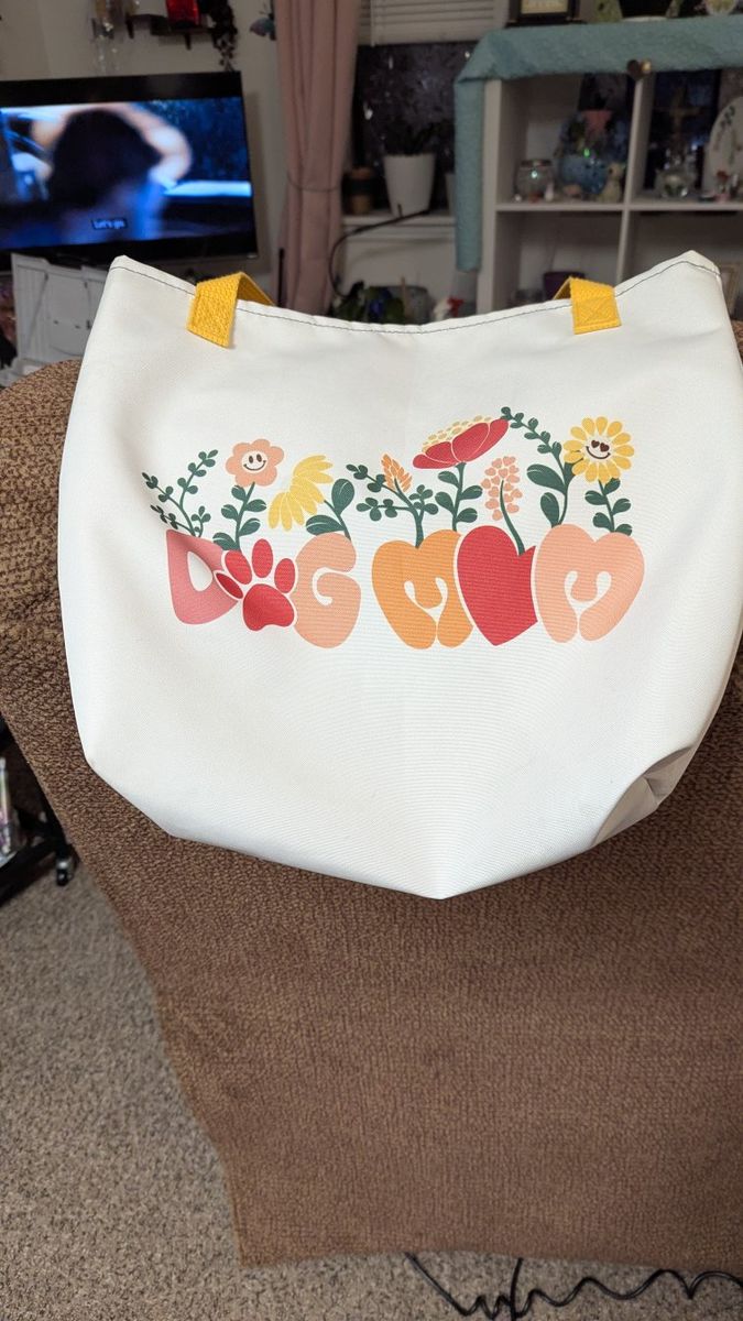 Cute White Canvas Tote Bag with 'DOG MOM' Floral Design