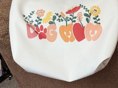 Cute White Canvas Tote Bag with 'DOG MOM' Floral Design