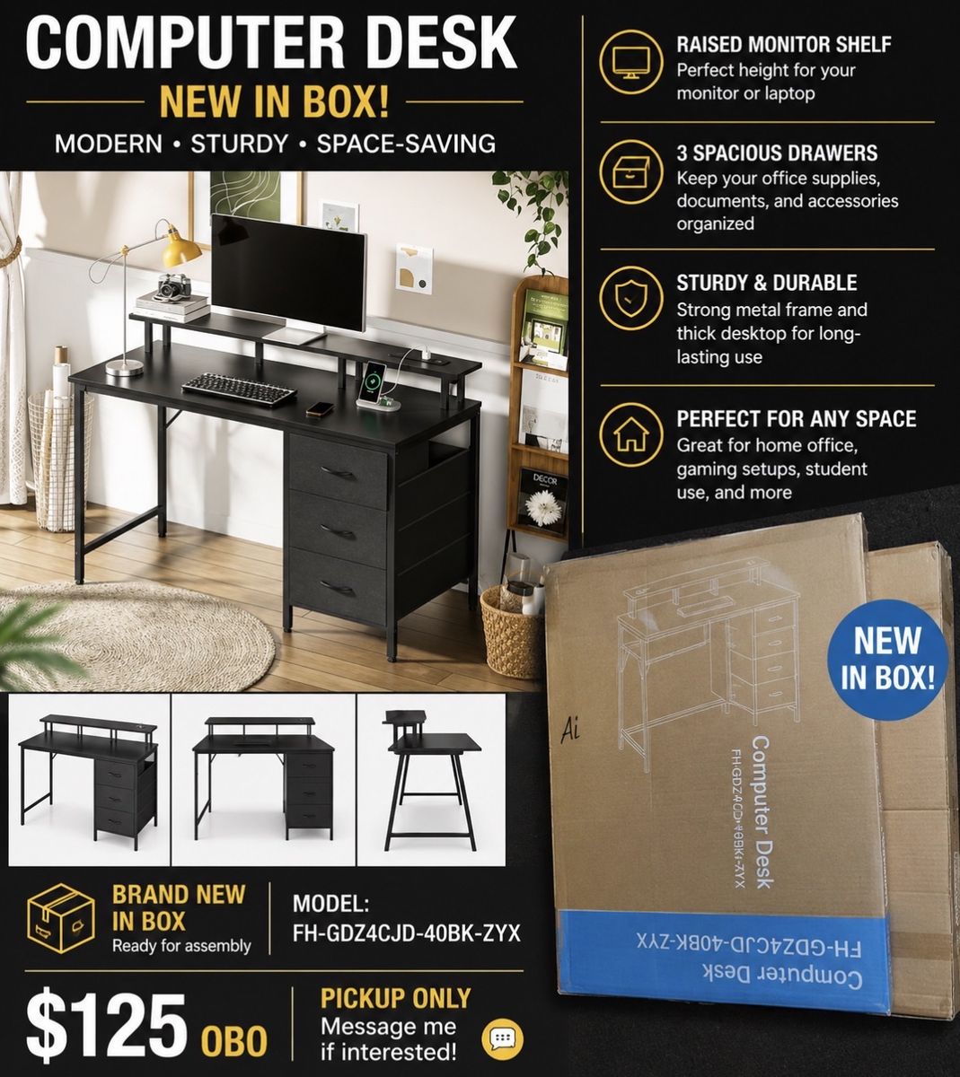 Modern Black Computer Desk with Monitor Shelf & 3 Drawers - New in Box (FH-GDZ4CJD-40BK-ZYX)