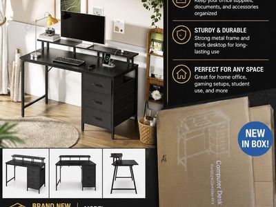 Modern Black Computer Desk with Monitor Shelf & 3 Drawers - New in Box (FH-GDZ4CJD-40BK-ZYX)