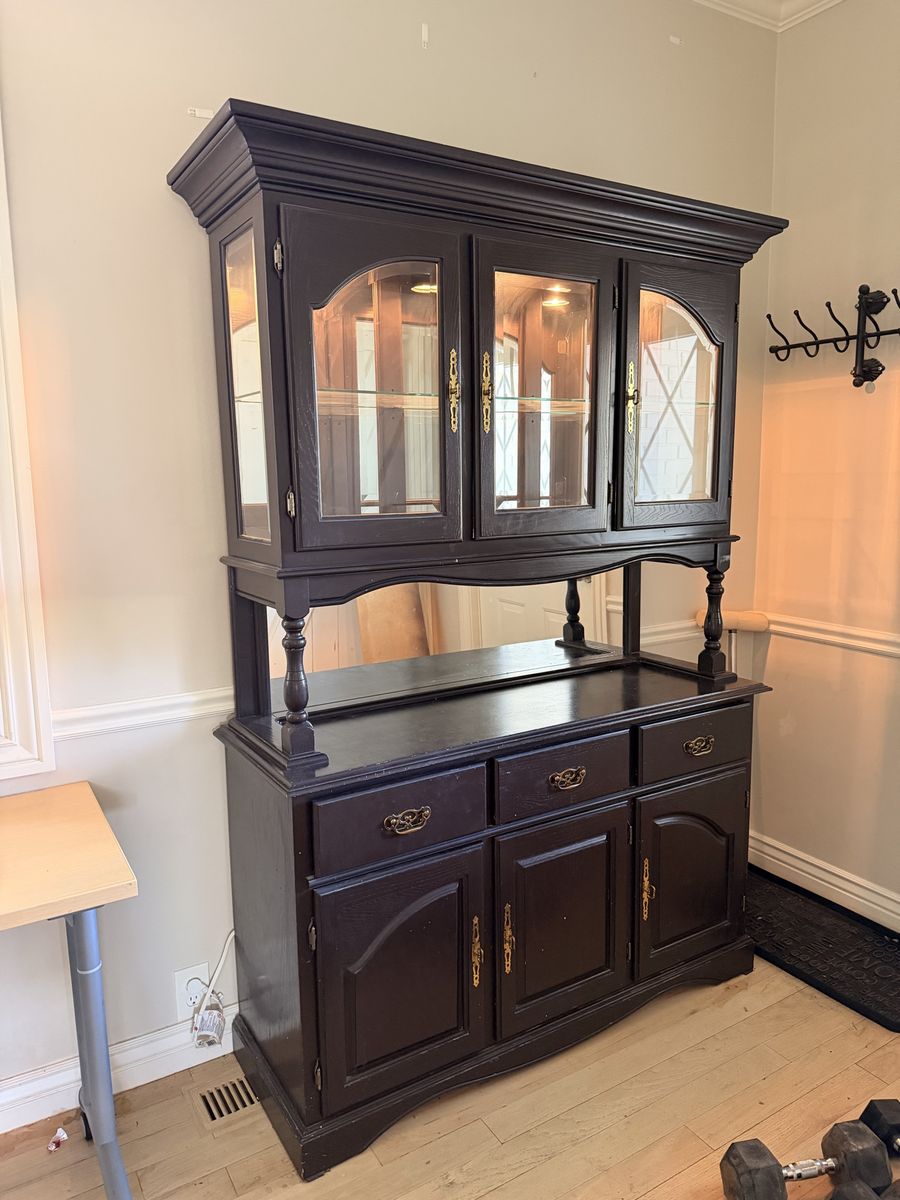 Vintage Dark Brown Wooden Hutch with Lighted Glass Display Cabinets and Storage Drawers