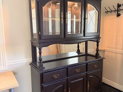 Vintage Dark Brown Wooden Hutch with Lighted Glass Display Cabinets and Storage Drawers