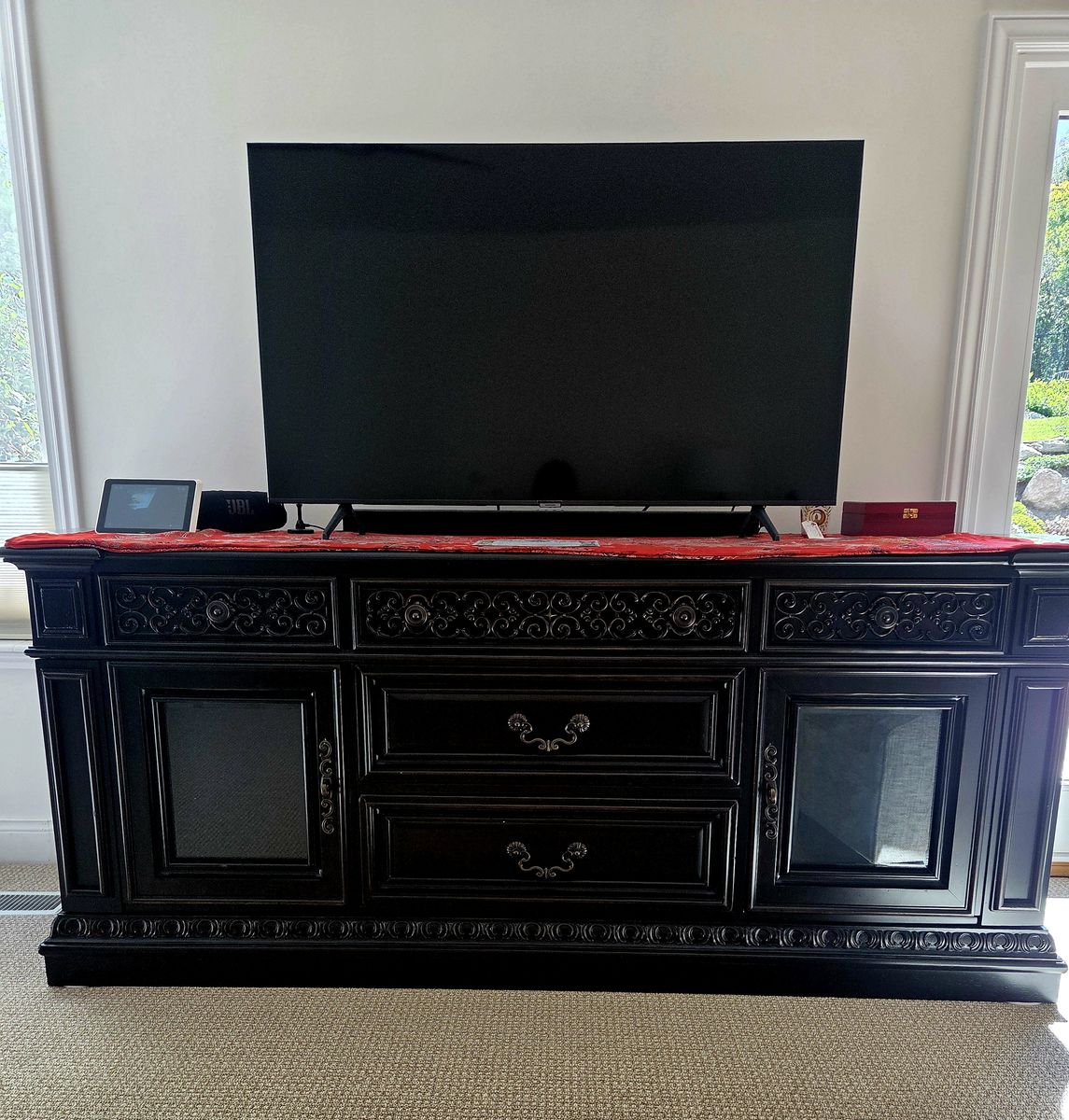 Universal Castella Ornate Black Wood TV Console Media Cabinet with Storage Drawers & Glass Doors