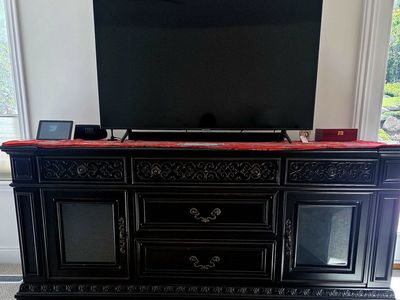 Universal Castella Ornate Black Wood TV Console Media Cabinet with Storage Drawers & Glass Doors