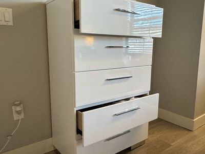 Modern White High-Gloss Dresser and Tall Chest Set with Chrome Hardware. Gorgeous!