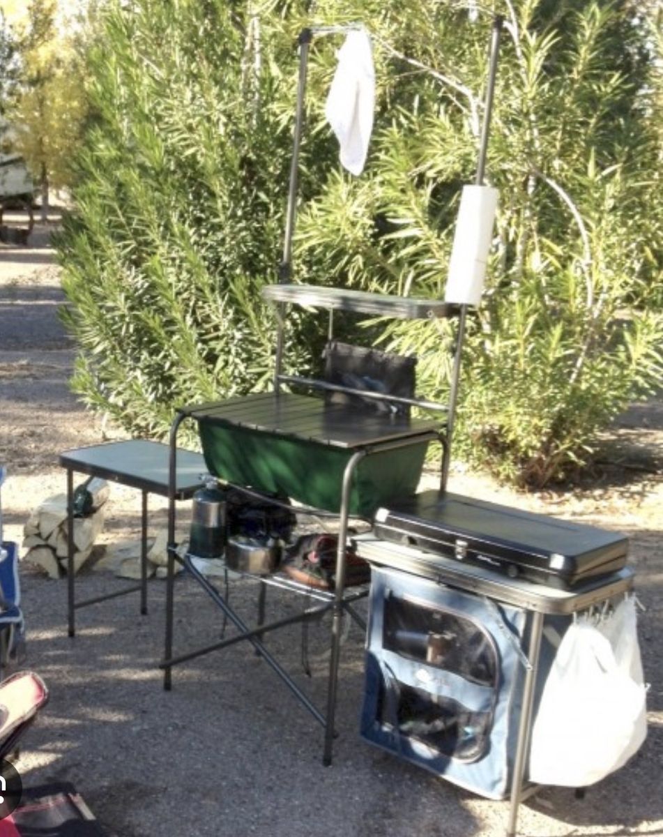 Portable Outdoor Camping Kitchen Cook Station with Sink, Stove Stand, and Storage