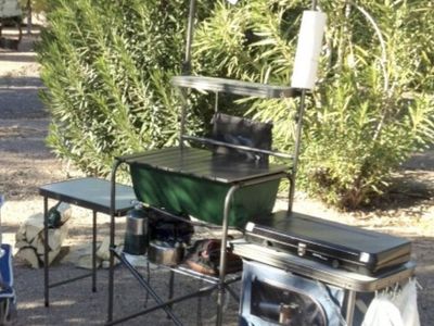Portable Outdoor Camping Kitchen Cook Station with Sink, Stove Stand, and Storage