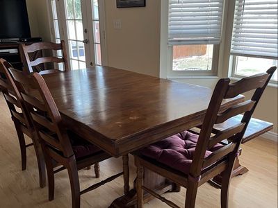 Solid Wood Extendable Dining Table with 4 Chairs and Bench Traditional Dark Wood Finish, Good Condition