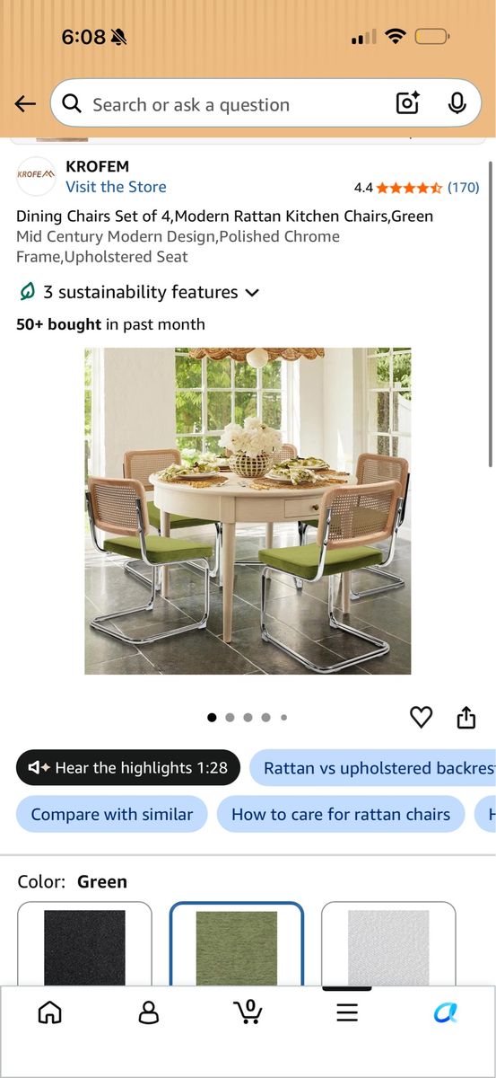 *NEW IN BOX* KROFEM Modern Rattan Kitchen Chairs - Green Set of 4