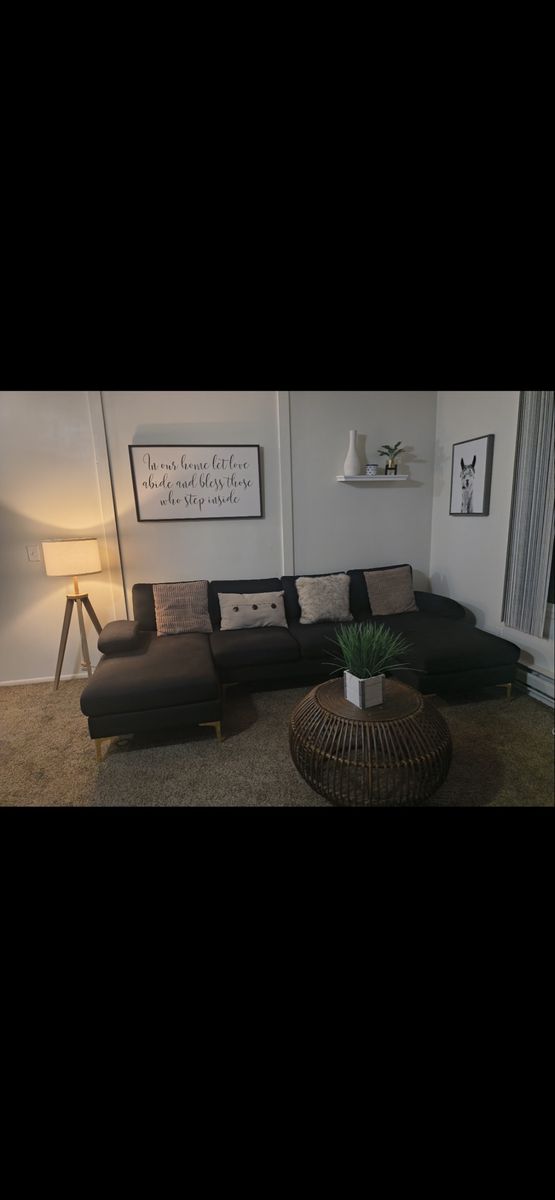 Modern Black Sectional Sofa Couch with Chaise and Gold Legs & lamp