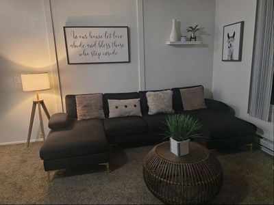 Modern Black Sectional Sofa Couch with Chaise and Gold Legs & lamp