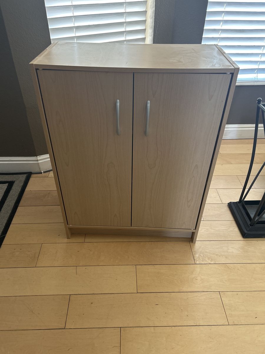 Light Wood Grain 2-Door Storage Cabinet with Silver Handles