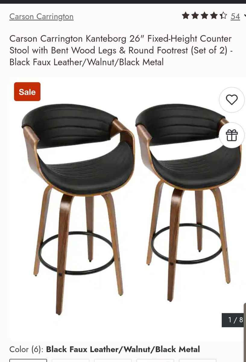 Carson Carrington Lumisource 26" Counter Stool Set (2) - Black Faux Leather & Walnut Wood, New In Box