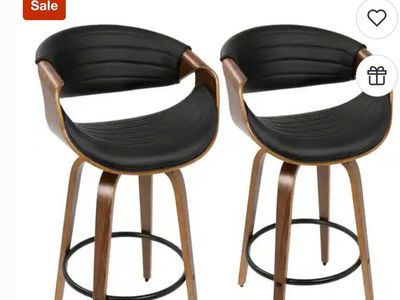 Carson Carrington Lumisource 26" Counter Stool Set (2) - Black Faux Leather & Walnut Wood, New In Box