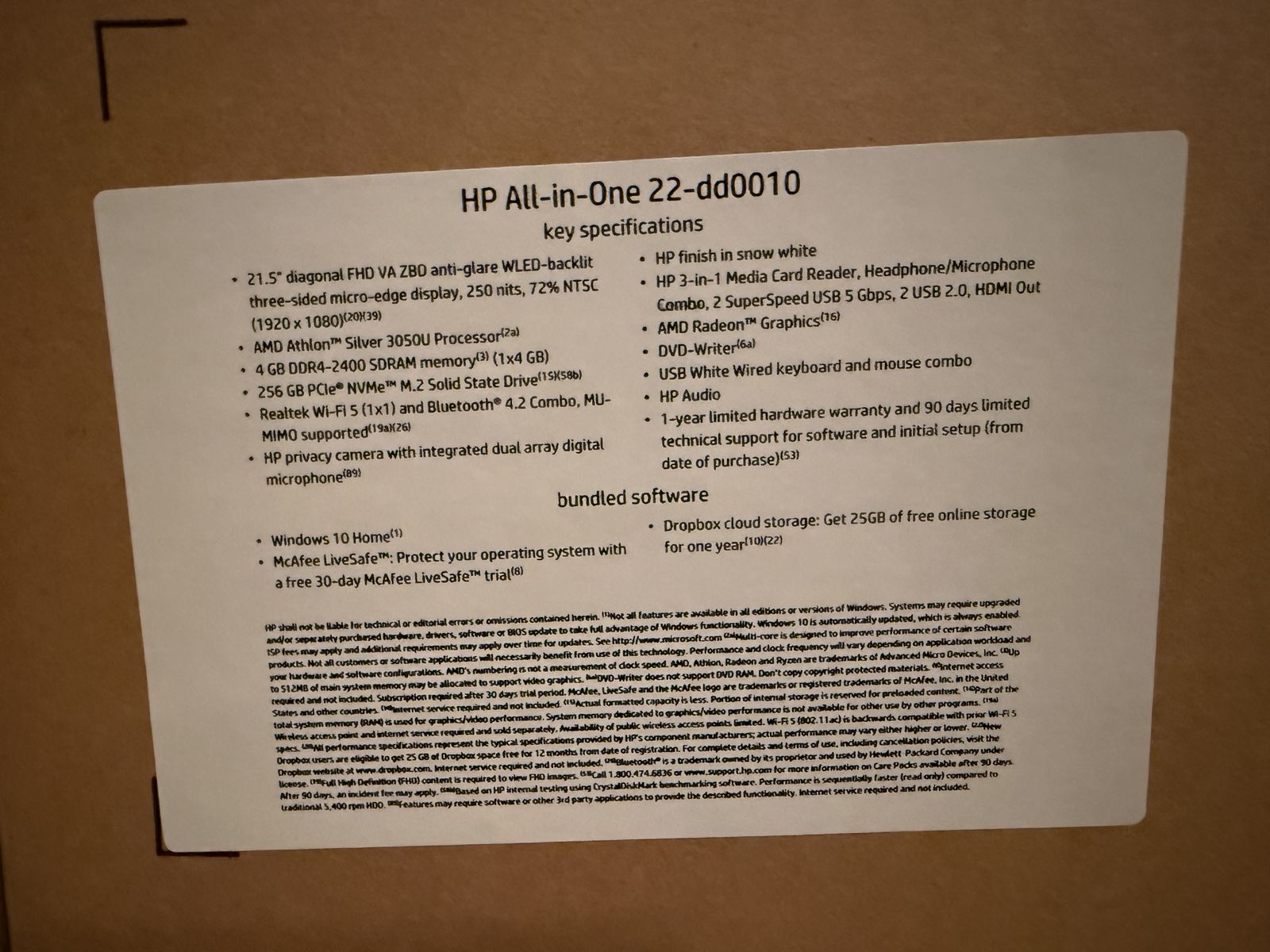 HP All-in-One 22-dd0010 PC - 21.5" FHD, AMD 3050U, 8GB RAM, 256GB SSD, Windows 10