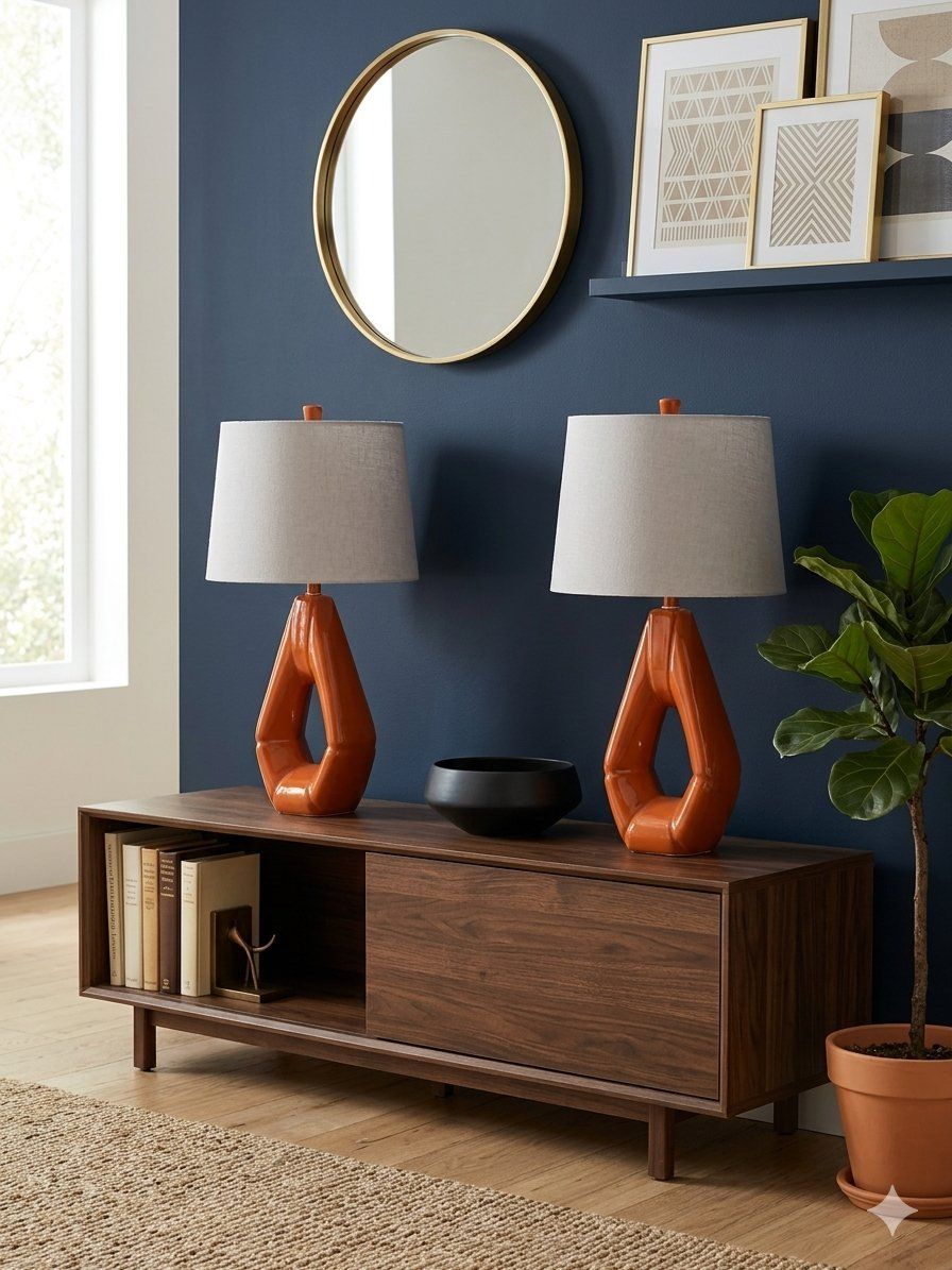 Pair of Modern Burnt Orange Lamps with Shades
