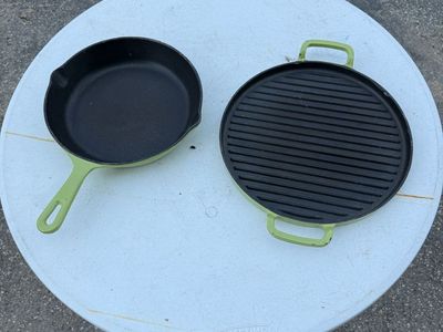 Green Enamel Cast Iron Skillet and Round Grill Pan Set