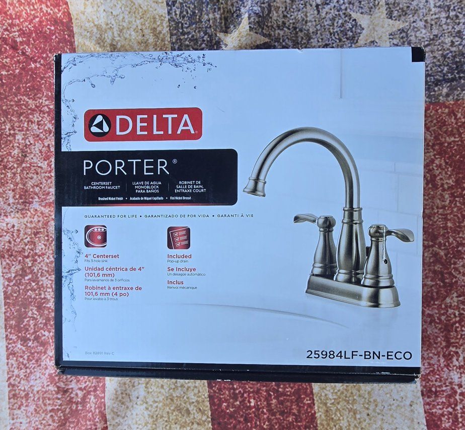 Delta Porter 25984LF-BN-ECO 4" Centerset Bathroom Faucet w/ Pop-up Drain, Brushed Nickel