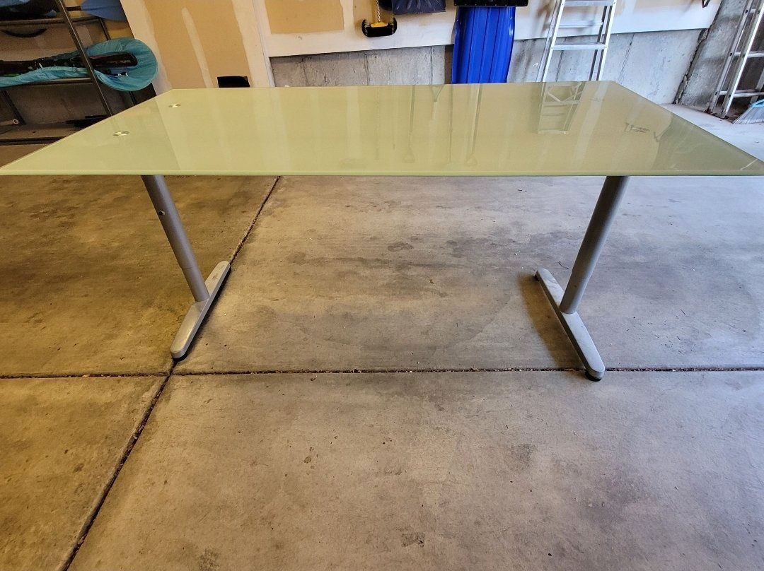 Modern Frosted Glass Desk/Dining Table with Silver Legs - Versatile & Durable