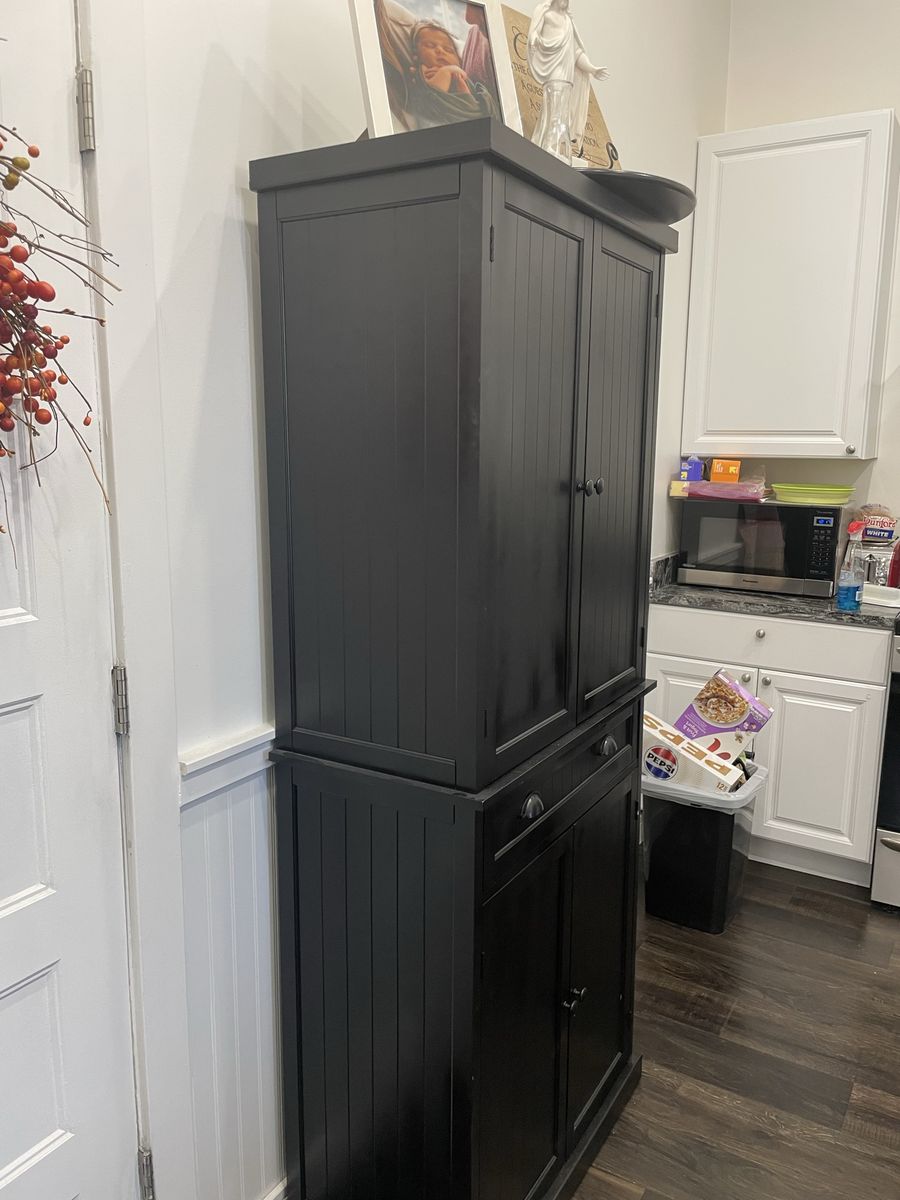 Black Wooden Kitchen Pantry Cabinet Armoire with Storage Drawers and Shelves
