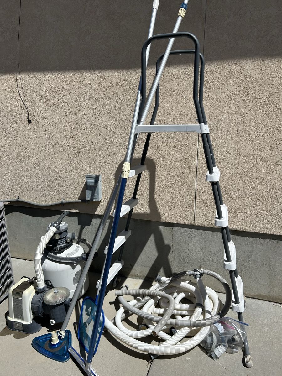 Used Intex Krystal Clear Sand Filter Pump & Pool Accessories - Ladder, Hoses, Skimmer, Vacuum