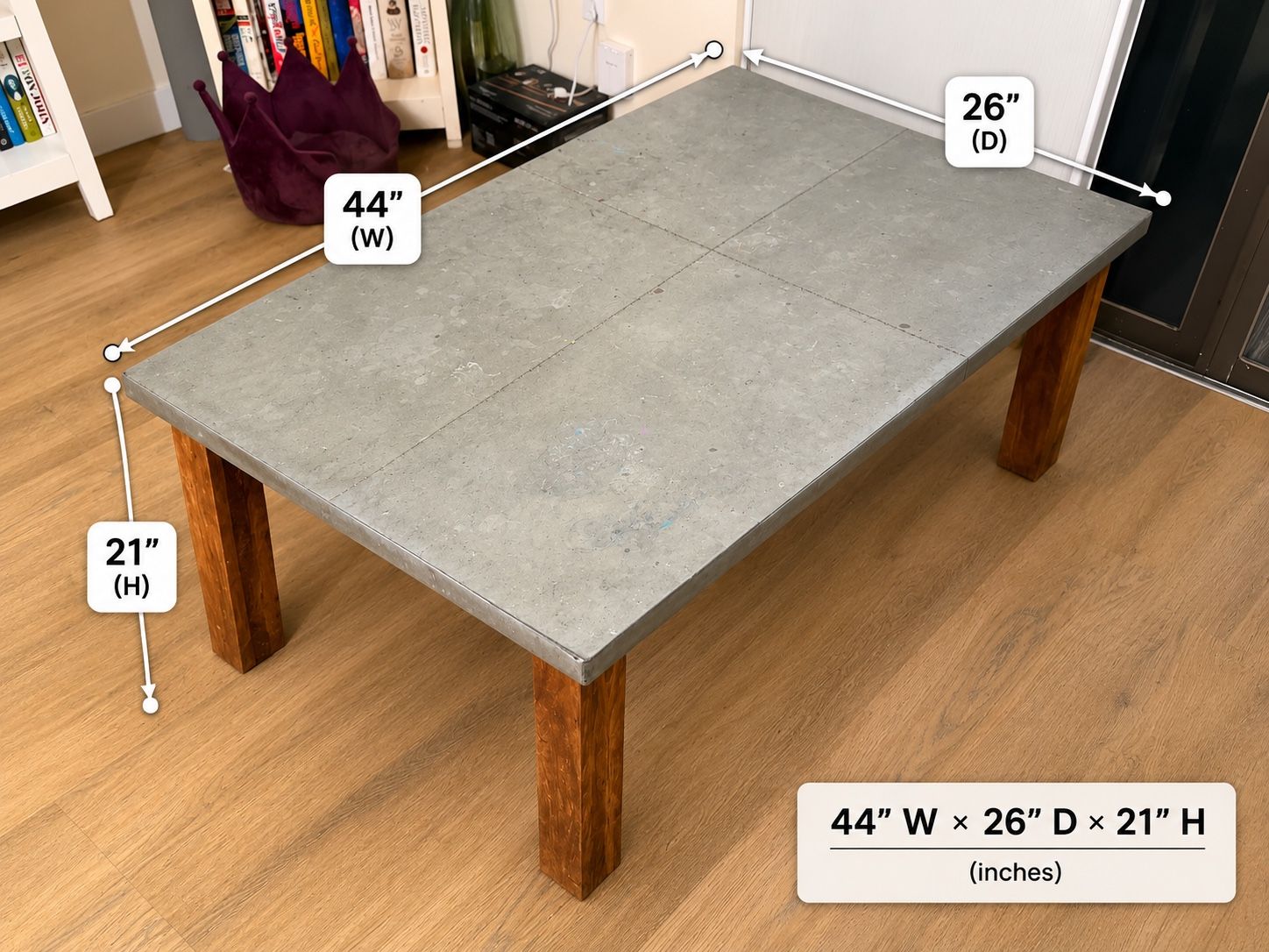 Industrial Style Coffee Table with Gray Metal Top and Wood Legs 44" x 26"