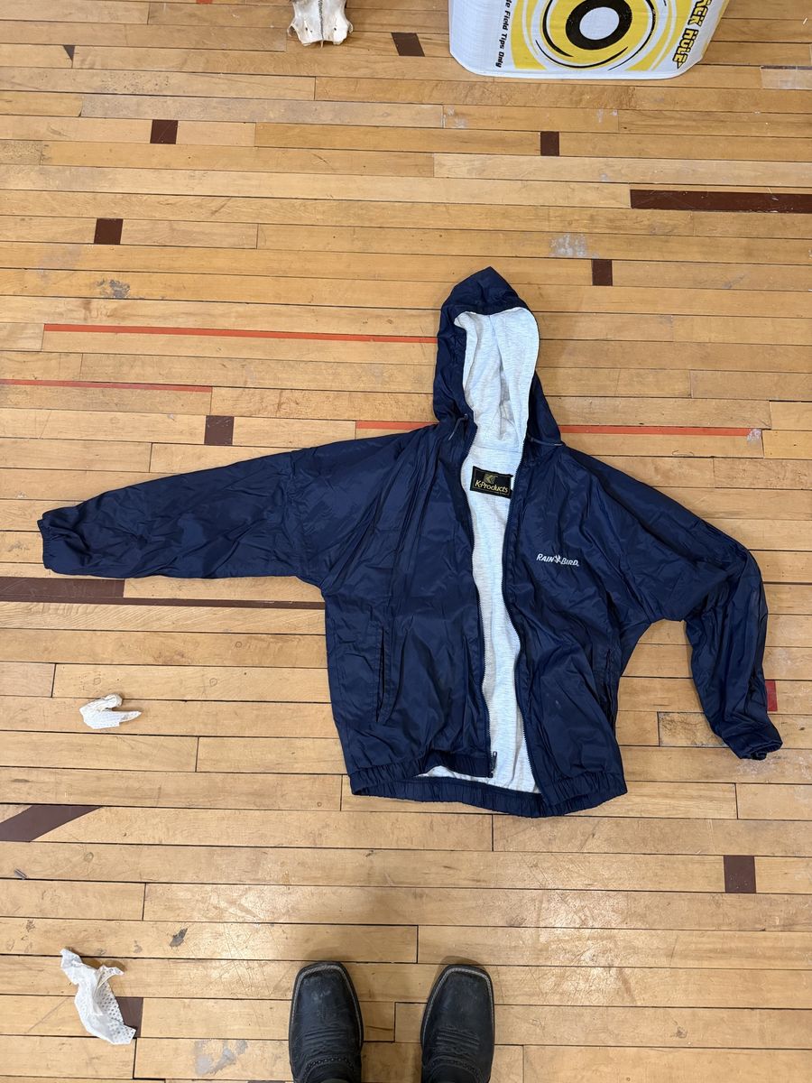 Vintage K-Products Rain Bird Hooded Windbreaker Navy Blue Large USA Made
