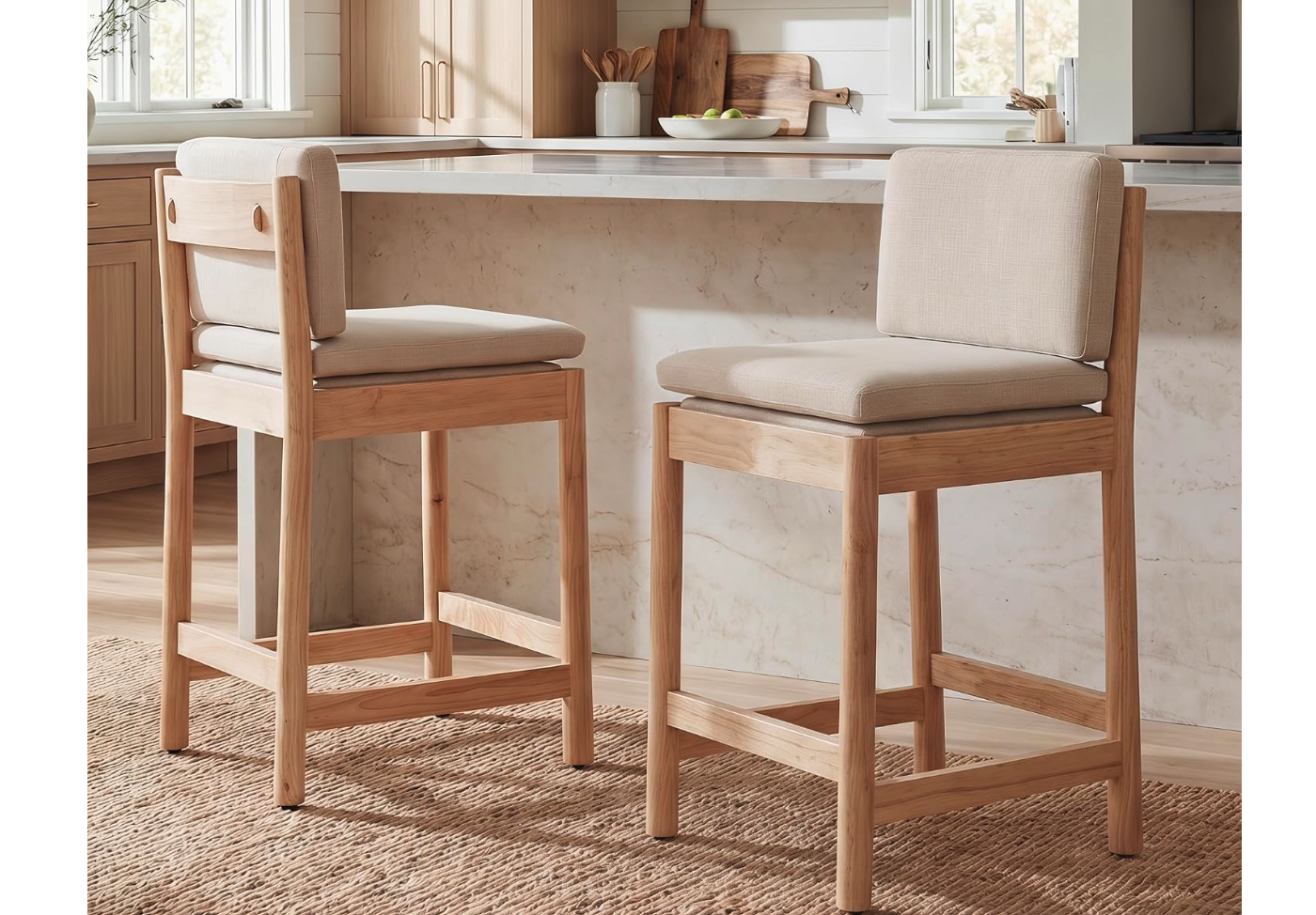 New in Box Counter Height Bar Stools Set of 2 Mid Century Modern Barstools Upholstered Counter Stools Wooden Bar Chairs