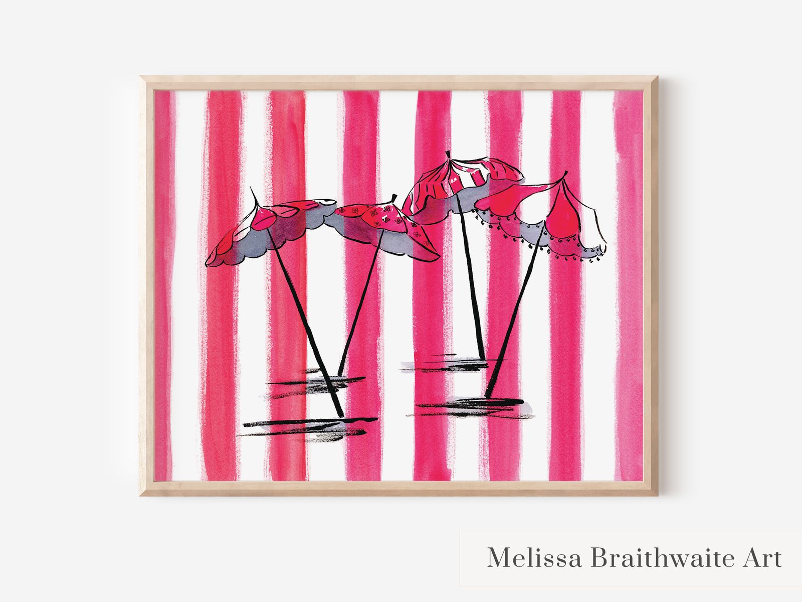 Pink Striped Beach Umbrella Watercolor Painting