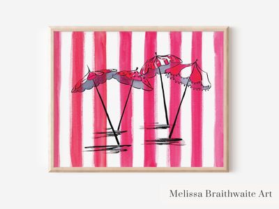 Pink Striped Beach Umbrella Watercolor Painting