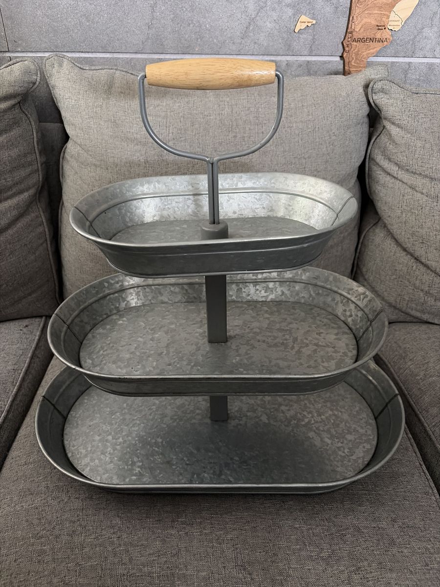 Galvanized Metal 3-Tier Oval Tray Stand with Wood Handle - Farmhouse Decor