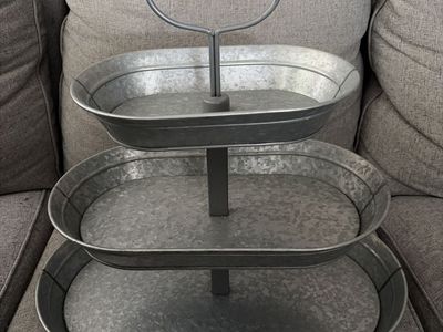Galvanized Metal 3-Tier Oval Tray Stand with Wood Handle - Farmhouse Decor