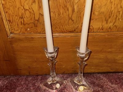 Vintage Crystal Clear Glass Candle Holders Taper Candlestick Pair 6" Tall Decor