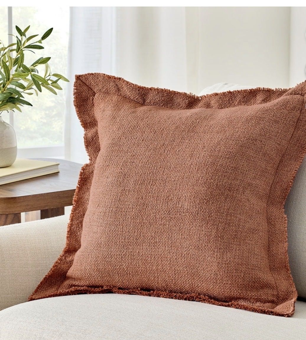 2 Rust Orange Fringed Textured Throw Pillow - Boho Chic Accent Cushion