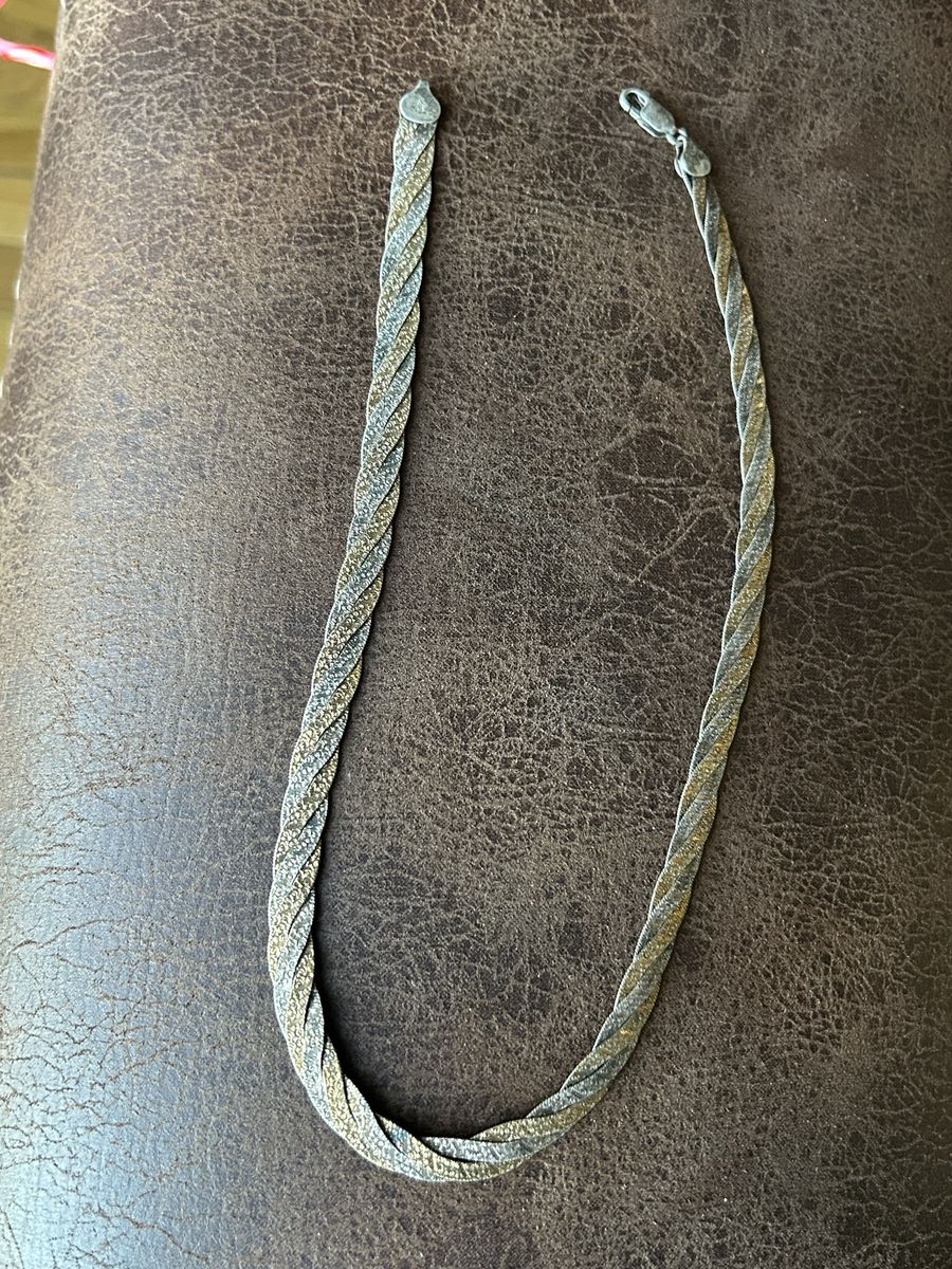 Vintage Sterling Silver & Gold Plating Herringbone Two-Tone Braided Necklace 18" Long and 8mm Wide Marked Made in Italy 925 PT