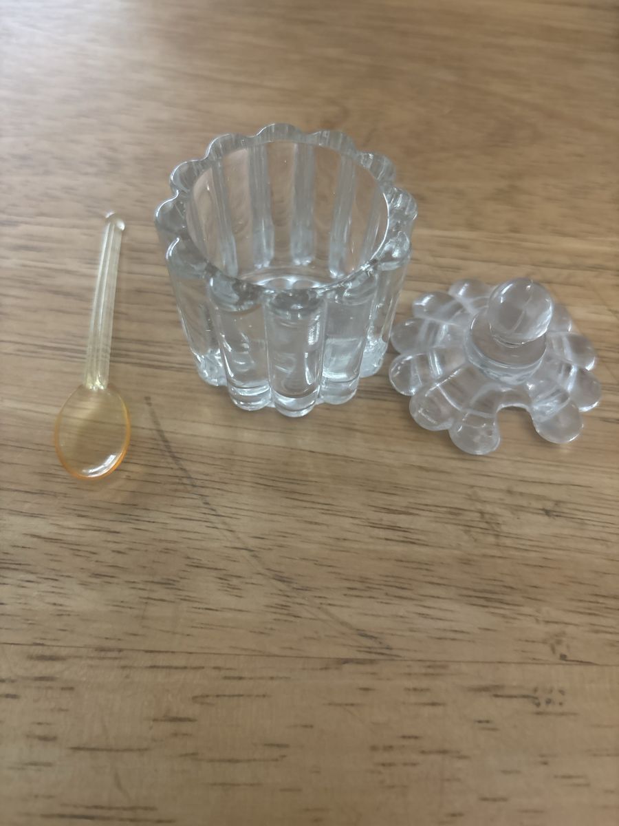 Vintage Clear Cut Glass Mustard Jam Jar Cellar with Lid and Small Serving Spoon