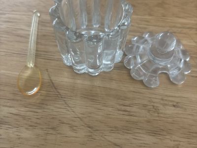Vintage Clear Cut Glass Mustard Jam Jar Cellar with Lid and Small Serving Spoon