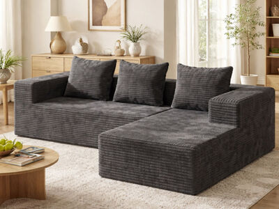 NEW 96” gray sectional sofa corduroy boneless