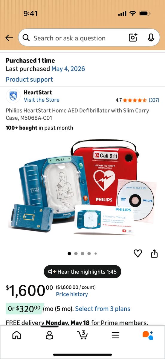 Phillips Heartstart Home AED defibrillator with slim carry case. M5068A-CO1
