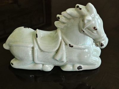 Ceramic Crackle Glaze Horse Figurine Light Blue Distressed Decor Statue
10"Lx7"H